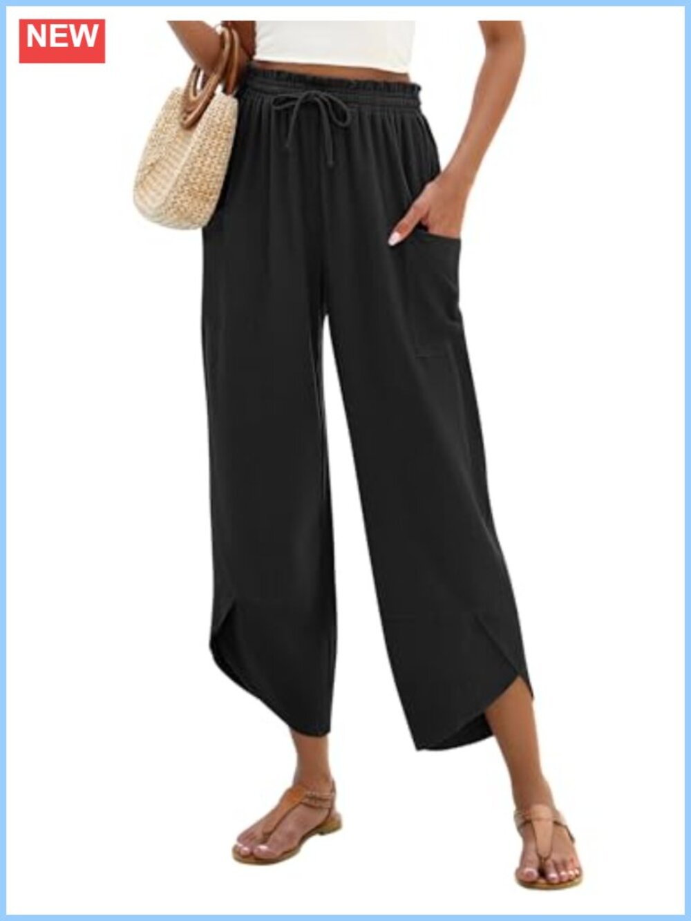 Linen Blend Wide Leg Capri Pants Boho Drawstring Palazzo with Pockets